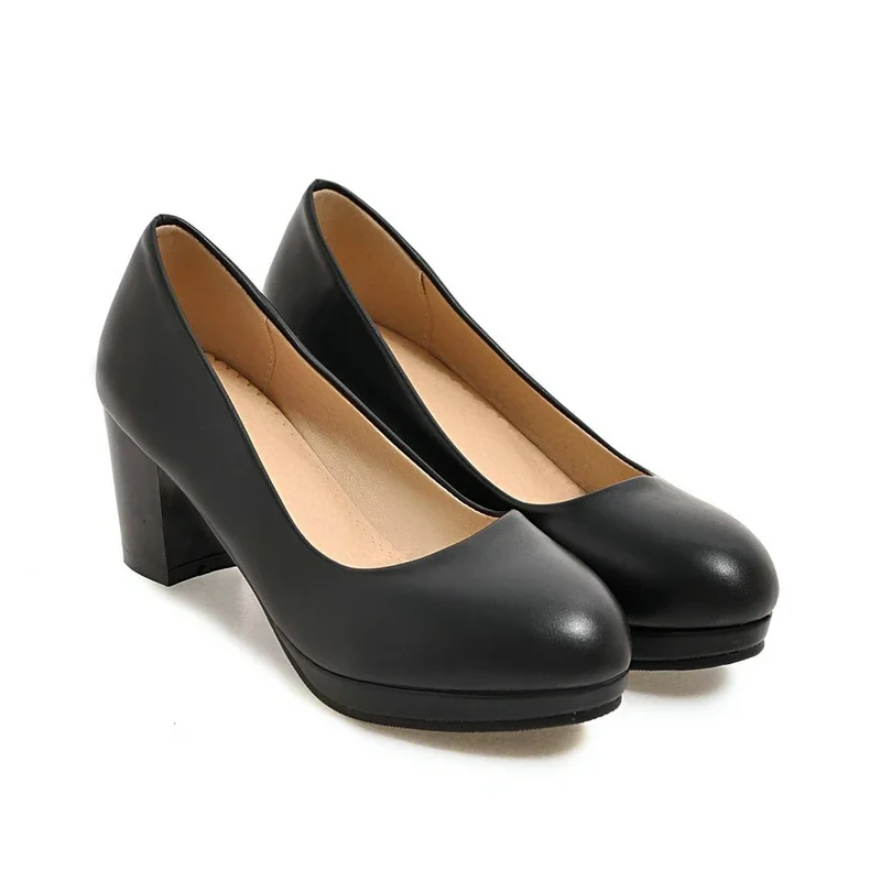 

Classic Simple Design Women Office Carrer Shoes Round Toe Chunky High Heels Loafers Slip-on Pink Beige Platform Pumps Stilettoes