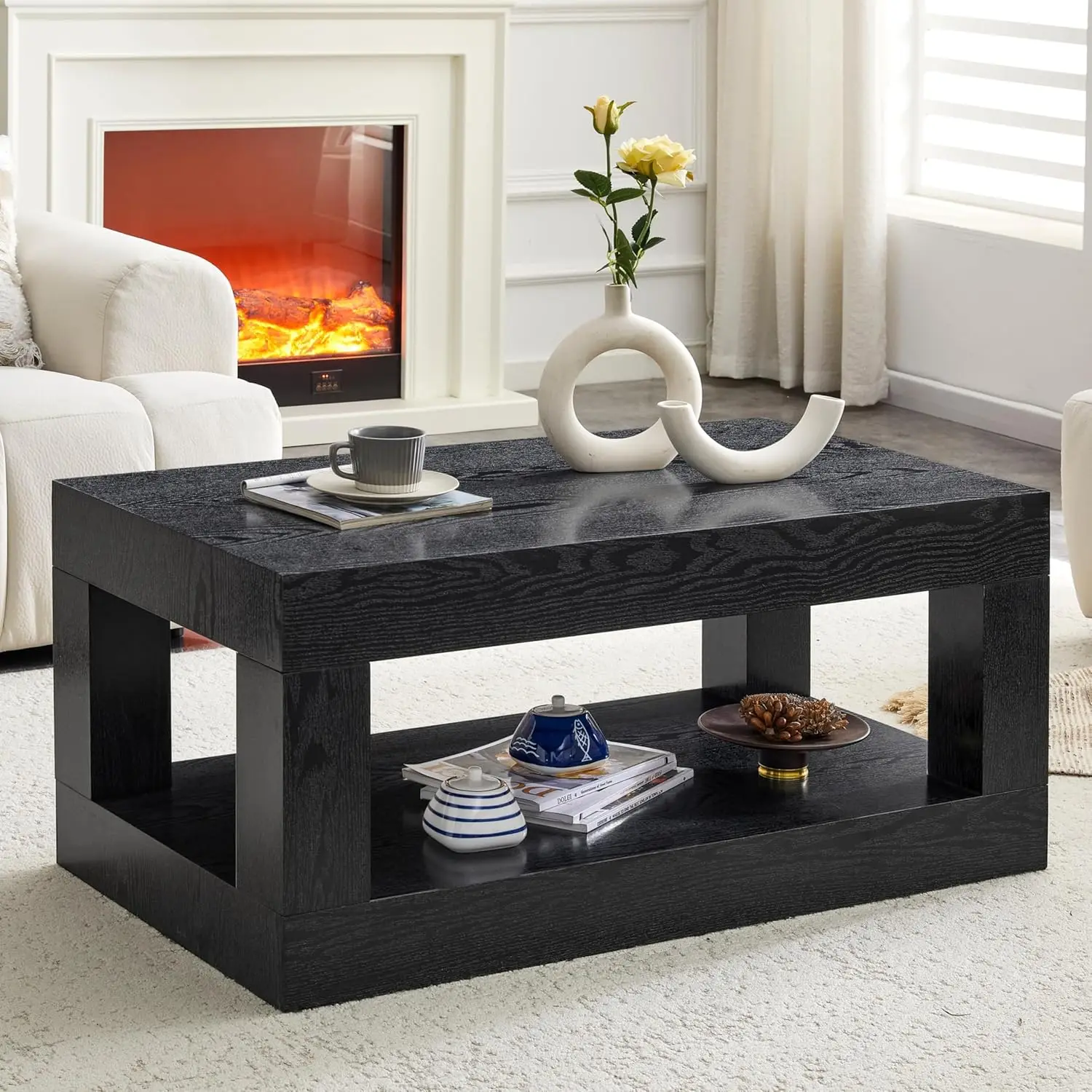 

Прямоугольный журнальный столик 39,4 дюйма, 2-уровневый, в стиле Mid-Century Modern, фермерский стиль, с полкой, современный, на заказ