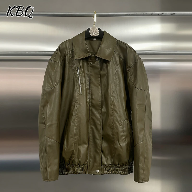 

KBQ Solid Spliced Button Loose Casual Jackets for Women Lapel Long Sleeve Minimalist Chic Leather Jacket Female Fashion Style