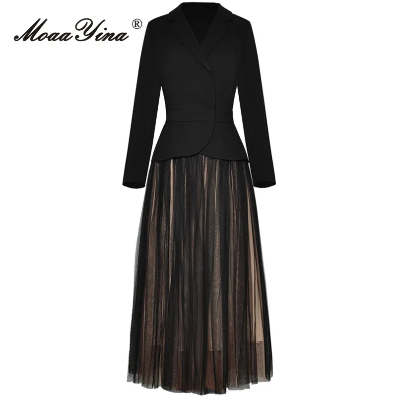 MoaaYina Autumn Fashion Designer Black Vintage Skirt Set Women's Lapel Long Sleeve Slim Coat+A-LINE Long Mesh Skirt 2 Pieces Set