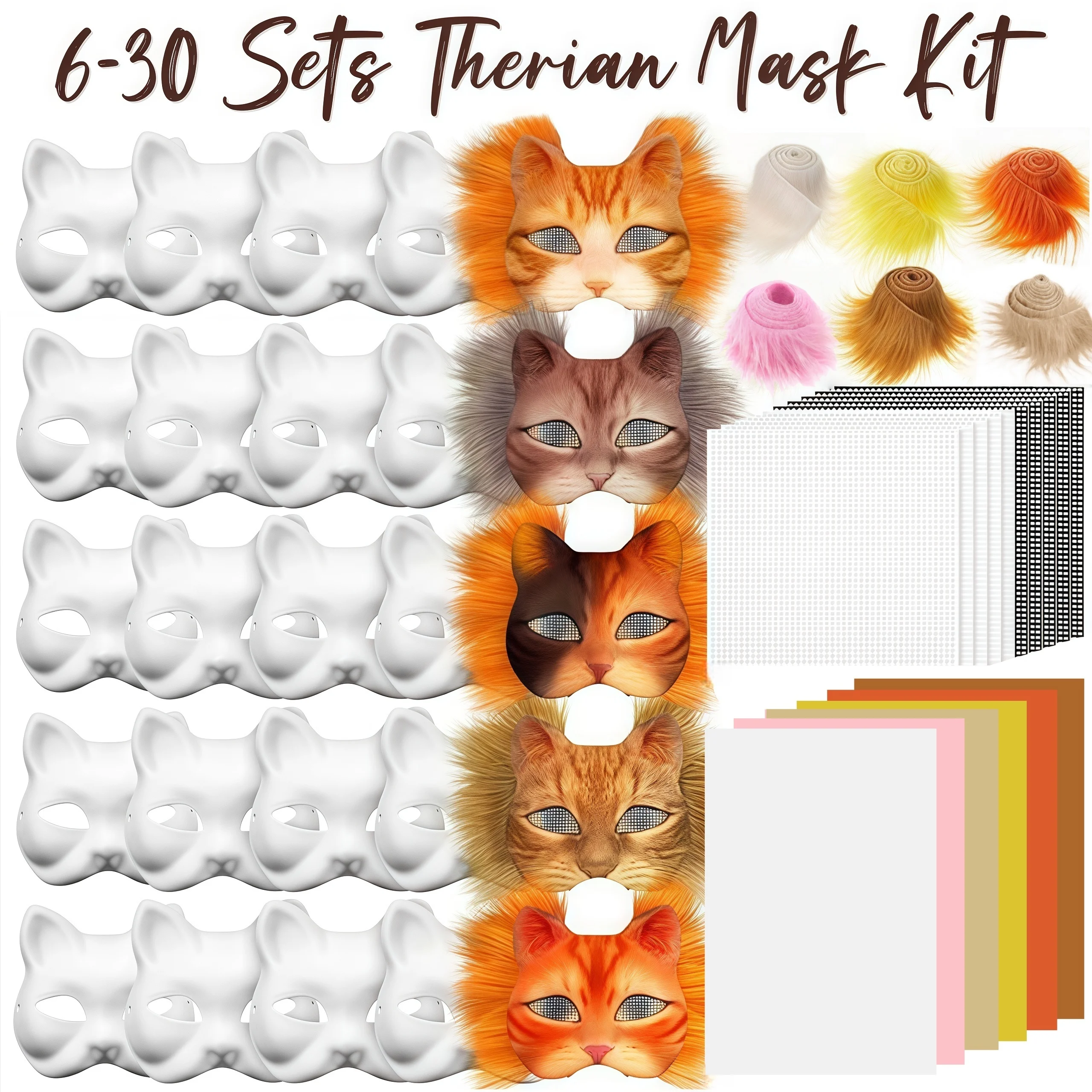 Kit de masques Therian en papier vierge, demi-visage, masque de chat peint à la main, masques DIY pour mascarade, cadeaux de fête Cosplay, 6/12/30 ensembles