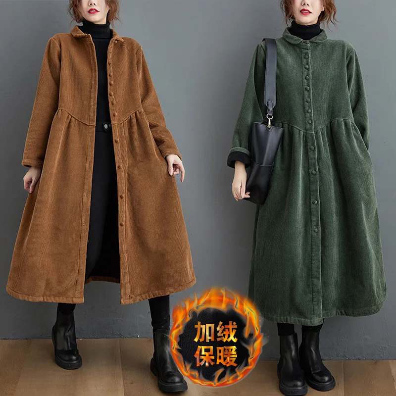 Autumn Winter Women Long Trench Coat New Velvet Long Sleeve Retro Loose Corduroy Casual Coat Female Windbreakers Women Clothing