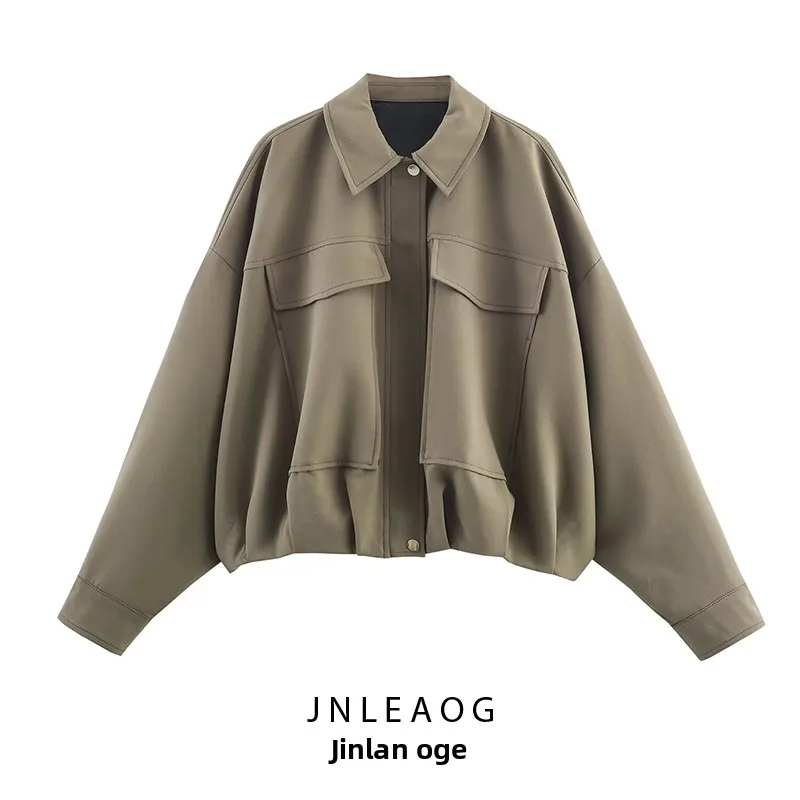 

Faionable Pleated Hem Pilot Jaet Coat Women's Autumn New Sle Polyester Fabric Loose Fit Long Sve Zipper Closure