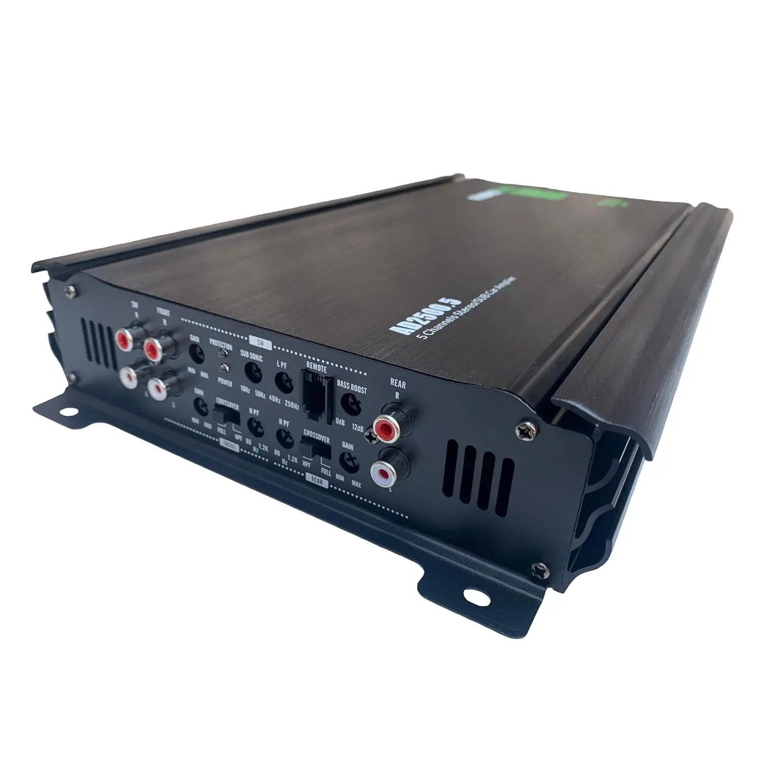 Audio360 AD2500.5 مضخم سيارة 5-Ch، 2500 وات كحد أقصى، فئة AB+D قابل للسرقة، صمامات ثلاثية 30 أمبير، 90 ديسيبل SNR