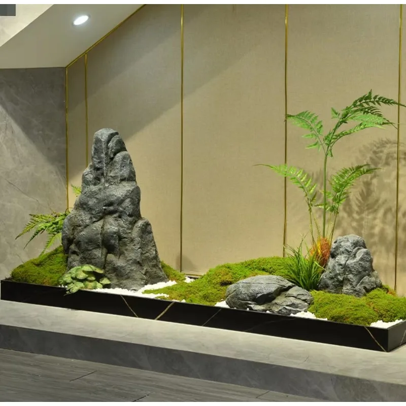 Indoor new Chinese style under the stairs landscaping decorative ornaments simulation green plants welcome pine rockery dry land