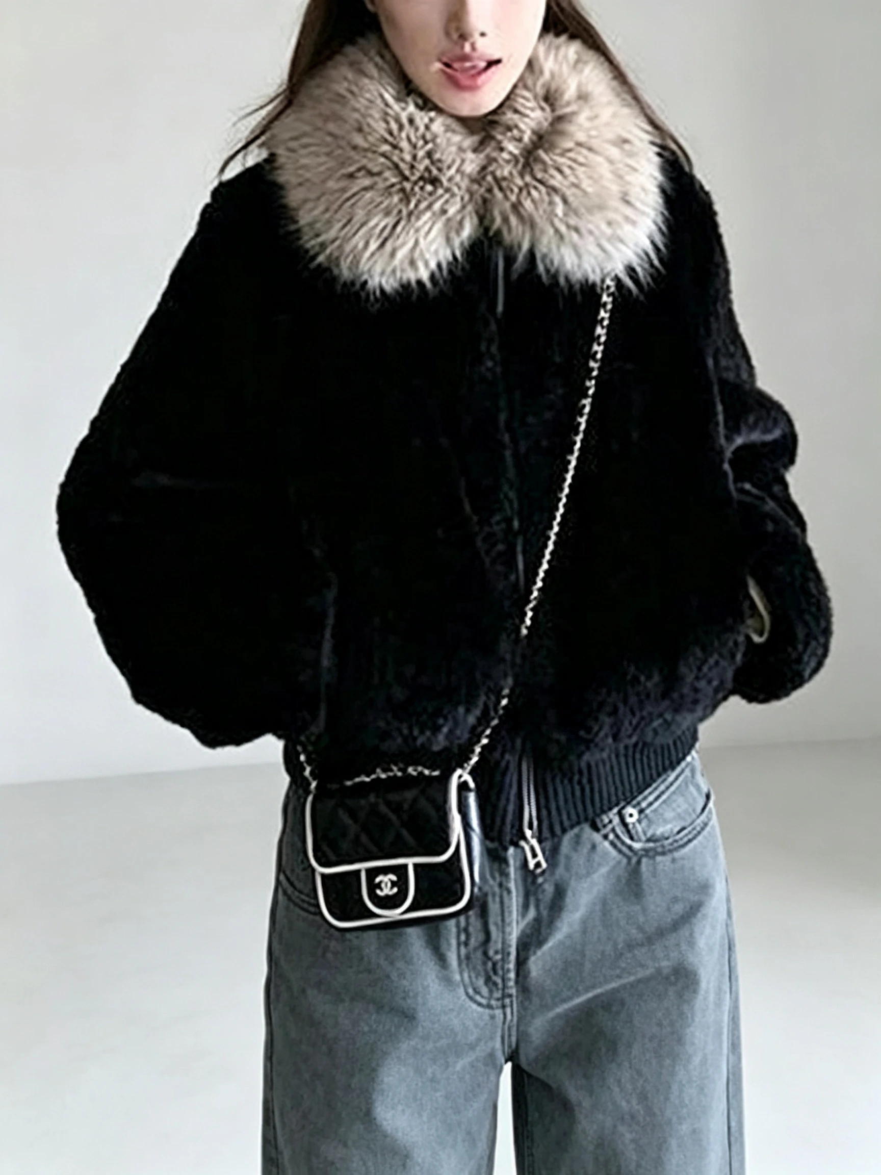 Korean Style Thickened Black Fur Collar Rabbit Fur Jacket Women's Autumn New Eco-friendly Fur Warm Top Short Outerwear