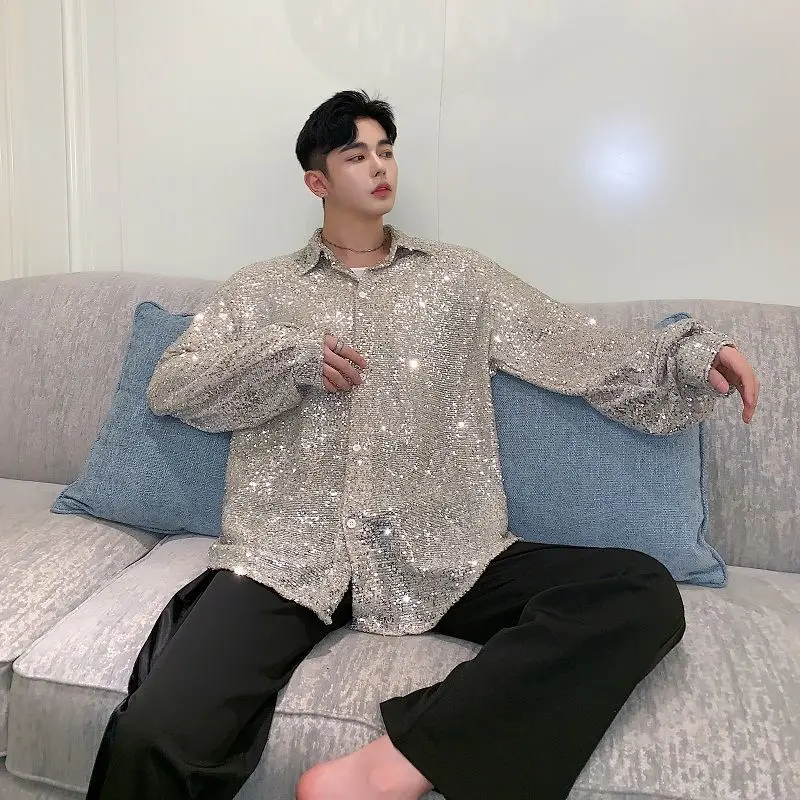 

Autumn Embroidery Sequins Loose Long-sleeved Shirt Men's Chic Single Breasted Turn Down Collar Long Sleeves Buttons Shirts