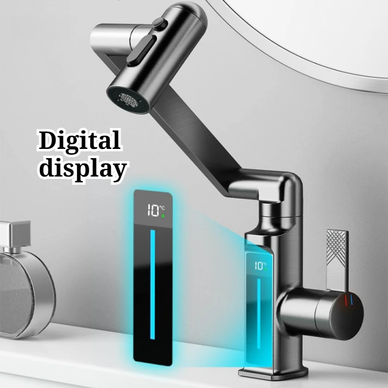 Digital Hot Cold Water Mechanical Arm Washbasin Faucet Rotatable Strong Pressure Bathroom Faucet Durable Bathroom Accessories