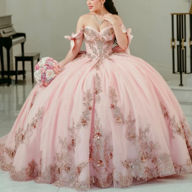 Pink Glitter Quinceanera Dresses Off Shoulder Ball Gown Sweet 16 Dress Applique Flower Beading Bow Tull Party Birthday Vetidos