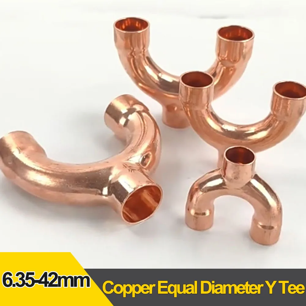 Red Copper Equal Y Tee Thickened Welded Flared Copper Branch Connector Refrigeration Air Conditioner Pipe Fitting 6.35-42mm