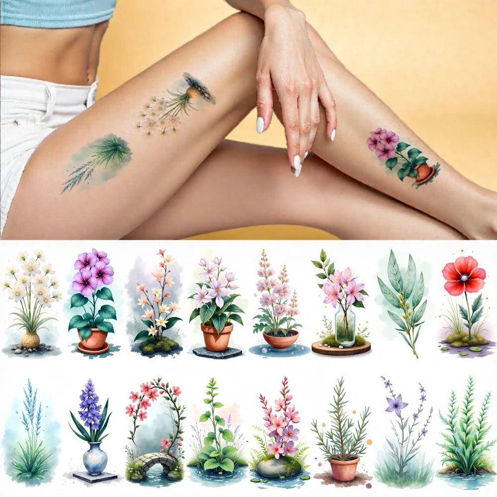 

9pcs Temporary Tattoo Plant Illustrations Watercolor Flower Tattoos Nature Designs Waterproof Long-lasting Body Stickers