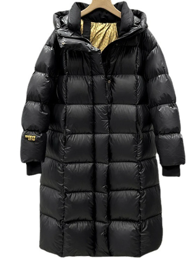 Piumino super spesso oro nero da donna lungo con cappuccio 90% piumino d'anatra bianca 2025 nuove coppie Parka abbigliamento da neve capispalla