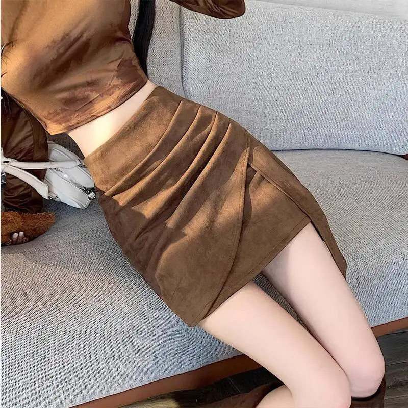 

Women Suit Skirts 2025 Autumn Winter Petite Skirt Maillard Retro High Waist Suede A Line Irregular Bodycon Midi Skirt