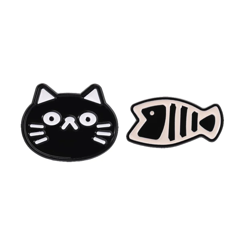 Cartoon Playful Cat and Fish Enamel Pin Minimalist Kitten & Fishbone Brooch Bags Lapel Pin Jewelry Gift for Couples Best Friends