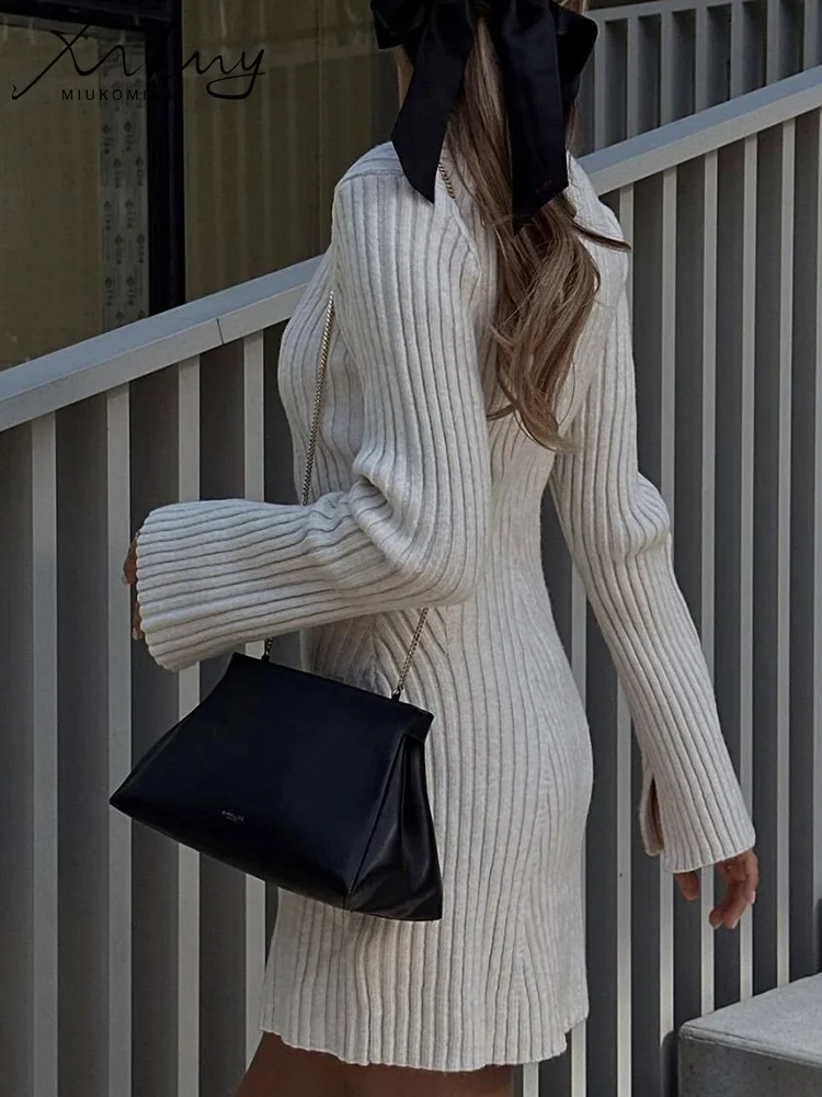 MiuKoMiYa White Long Sleeve Short Dresses For Women Knitted Sexy Mini Dress O Neck Spring Black Women Knitted Dresses Elegant