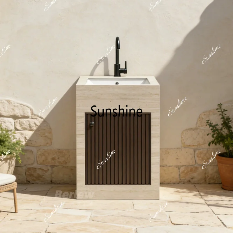Outdoor balcony rock slab wash basin column integrated floor