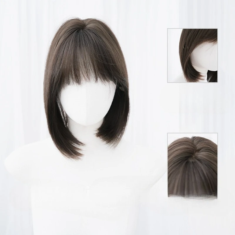 

Wig Female Daily Natural Short Straight Hair Cold Brown French Bangs Full Headgear
