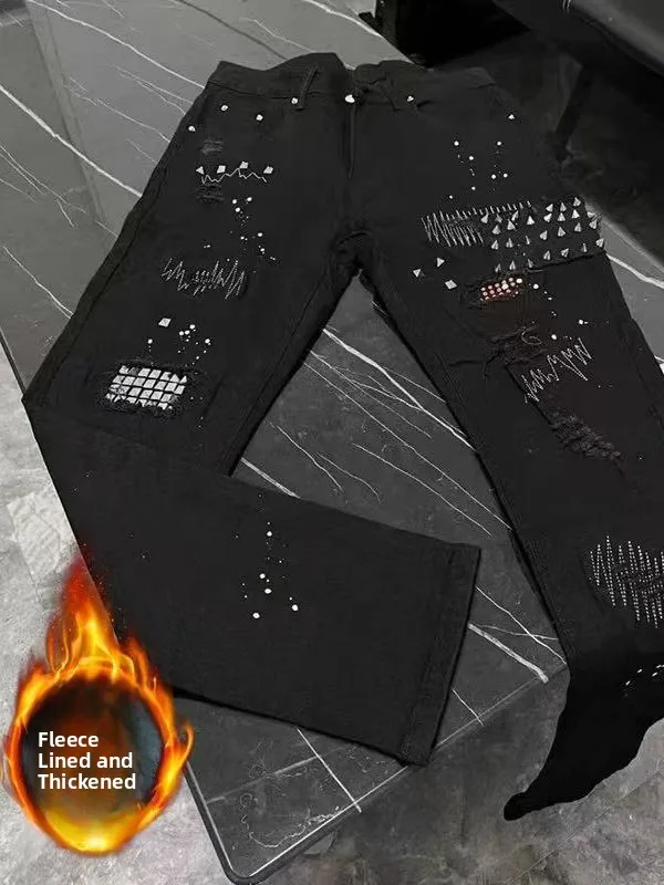 

Fce Lined Thiened, осенне-зимние мужские облегающие джинсы High Street с переплетенными чернилами, рваные американские брюки...