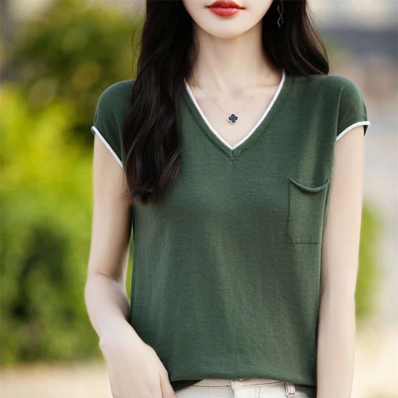 

Женская трикотажная футболка с V-образным вырезом, летняя новинка, хлопковый свитер с цветными блоками, короткий рукав, корейский свободный топ, модный люксовый пуловер