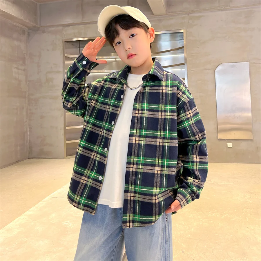 

School Kids Plaid Shirt For Boy Fashion Luxury Long Sleeve Blouse Outfit Teens Cool Streetwear Child New Spring Student Clothing