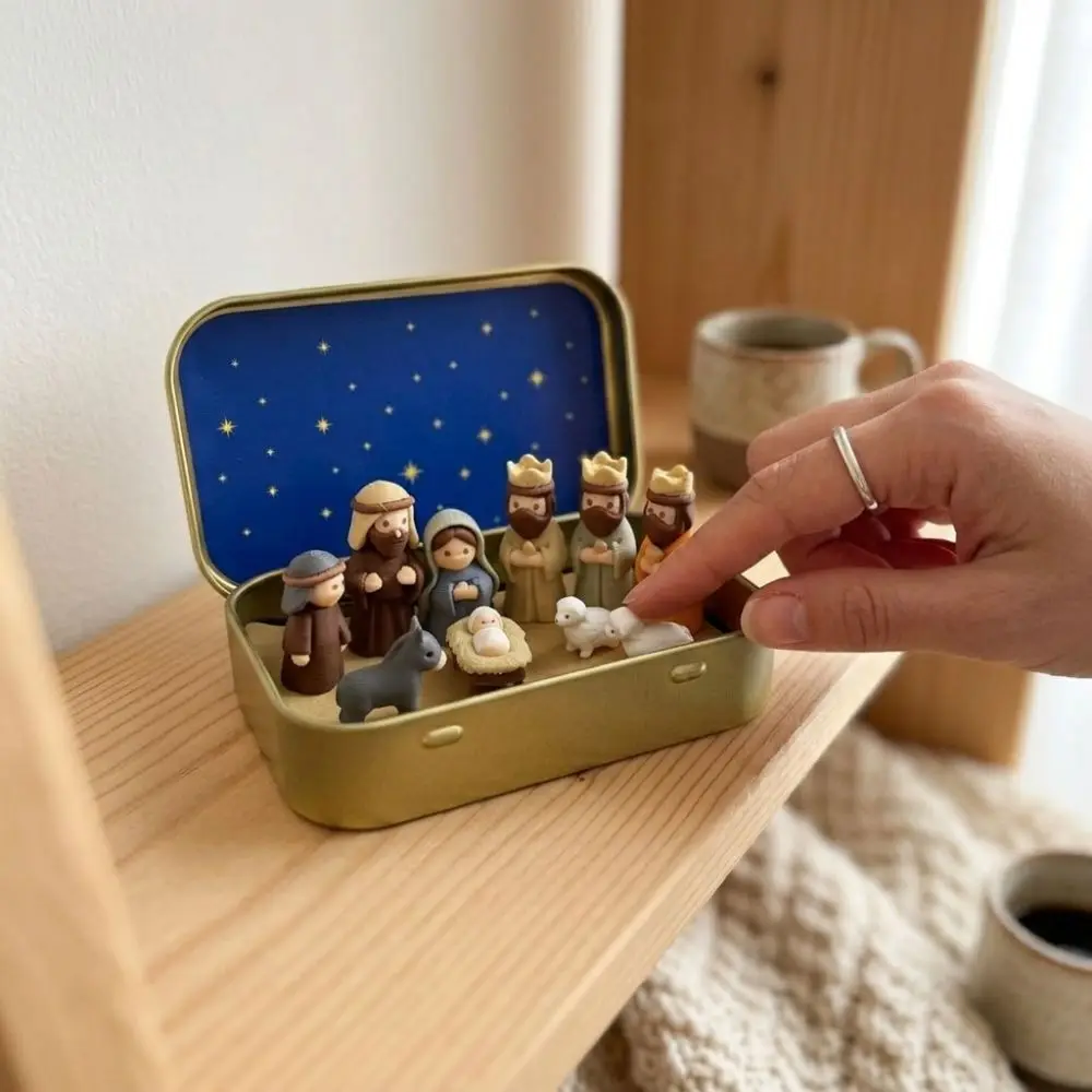 Metal Tin Box Mini Christmas Trough Set Holy Family 3D Printed Xmas Manger Ornaments Shepherd Animal Hand Painted