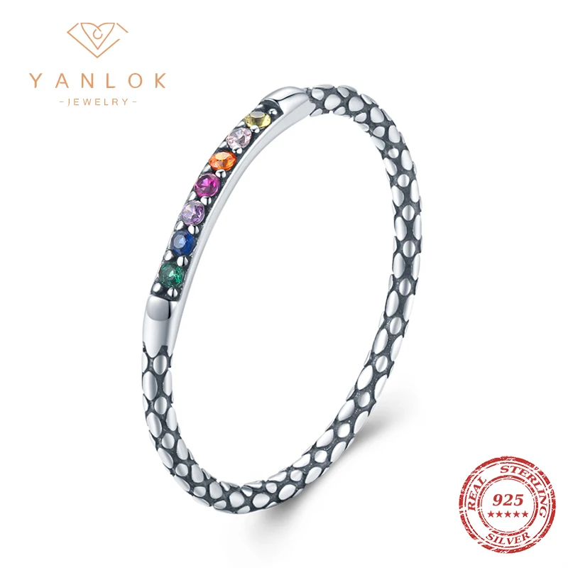 YANLOK 2021 Design 925 Sterling Silver Rainbow Color Crystal Enamel Snake Bone Pattern Ring for Women Punk Ring Tide Jewelry