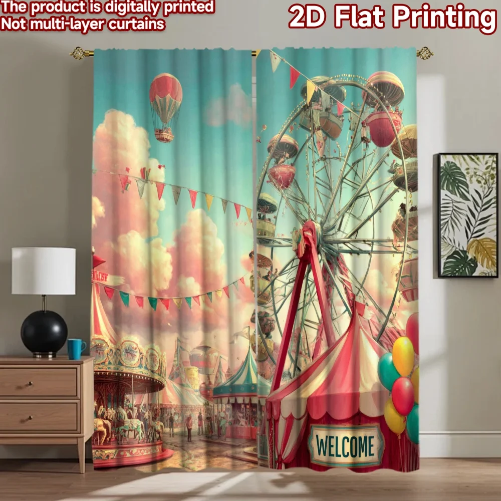 2D flat printing 2pcs Window Treatment Curtains Carnival Ferris Wheel Fun Ride Digital Printed Polyester Drapes Holiday