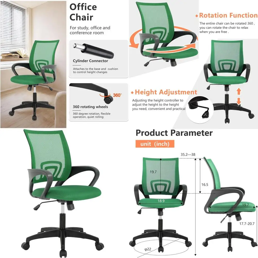 

Эргономичное зелёное сетчатое кресло с поддержкой поясницы и подлокотниками для домашнего офиса