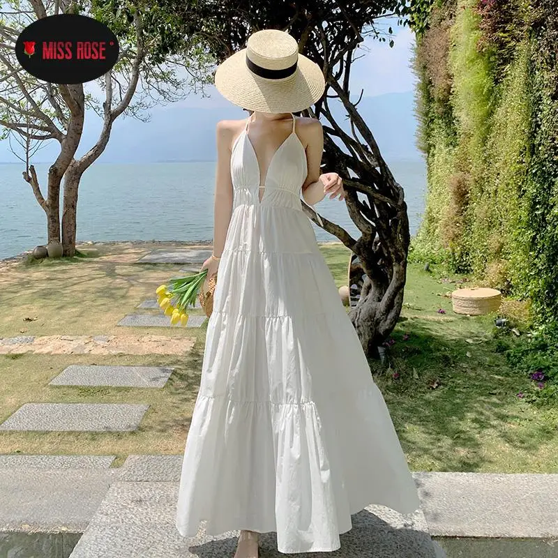 Halter Neck Cake-layer abito lungo bianco donna Beach Holiday Bohemian Self Tie abiti posteriori fai da te Fairy Party Dinner Date Vestidos