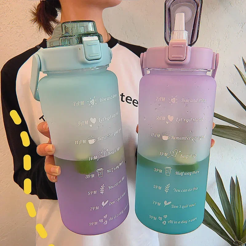 2 Liter Water Bottle with Straw Female Girls Large Portable Travel Bottles Sports Fitness Cup Summer Cold Water with Time Scale