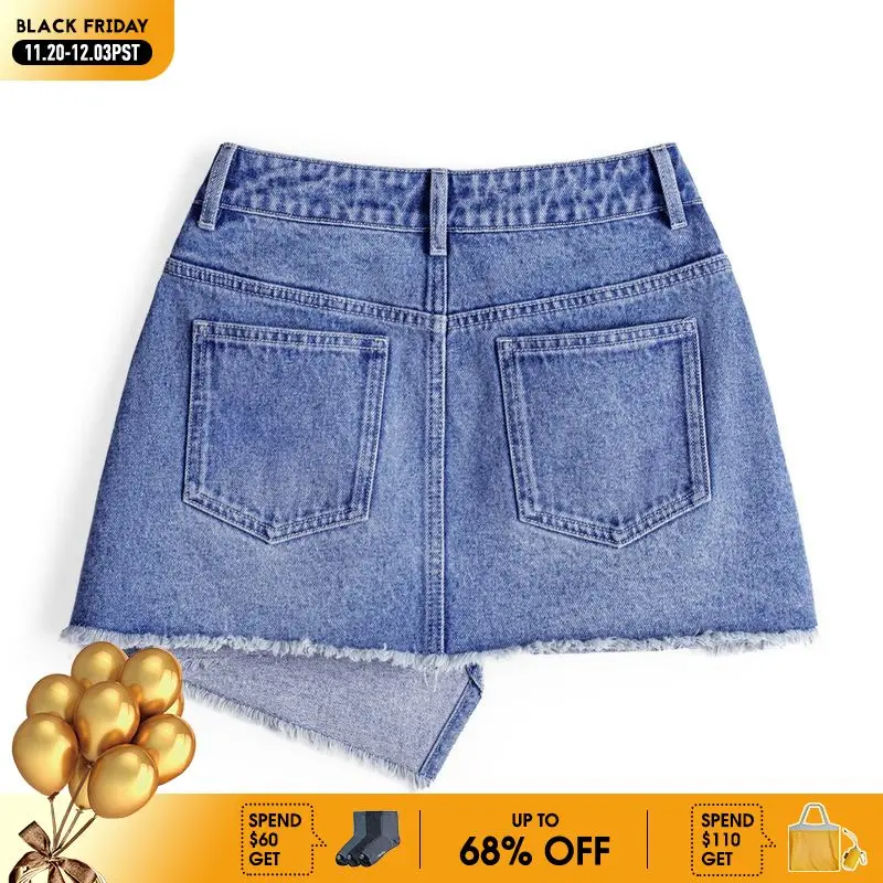 

Maden Vintage Washed Blue Denim A-Line Skirt Women Summer Asymmetrical Raw Hem Button-Front Mini Skirt Casual Denim Short Skirt