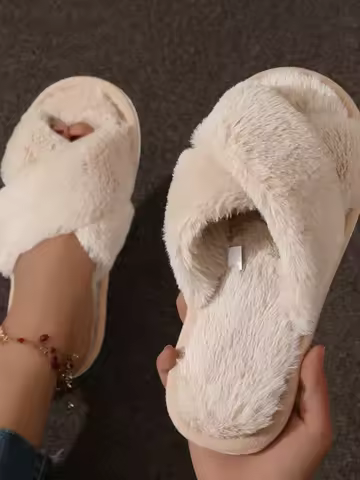 Fashion Cross Strap Fur Slippers Women Indoor Light Warm Plush Home Slippers Woman Faux Fur Flat Heel Couple Slides Plus Size 43