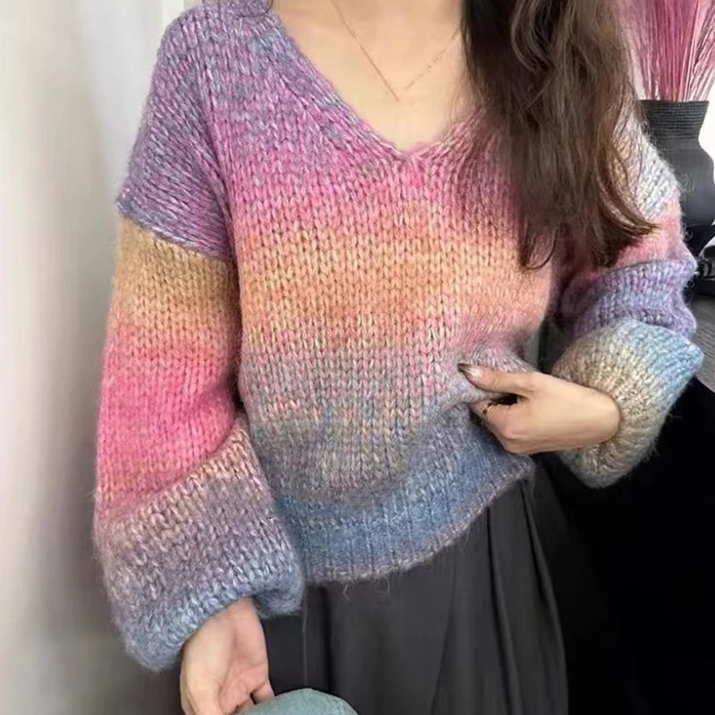 Rimocy V Neck Rainbow Sweater for Women Korean Fashion Long Sleeve Loose Knitwear Ladies 2024 Spring Sweet Knitted Jumpers Woman