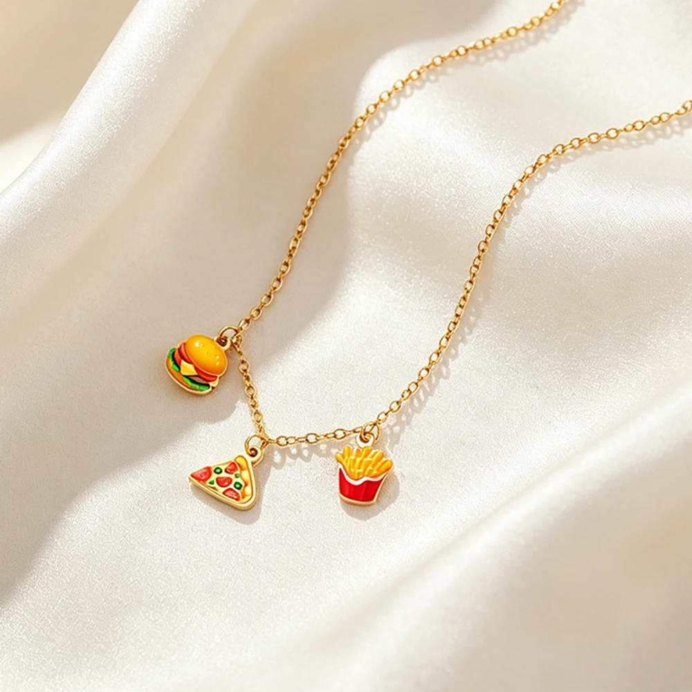 Hamburger Pizza French Fries Pendant Necklace for Women Stainless Steel Cute Fast Food Charm Necklace Cartoon Food Jewelry Gifts