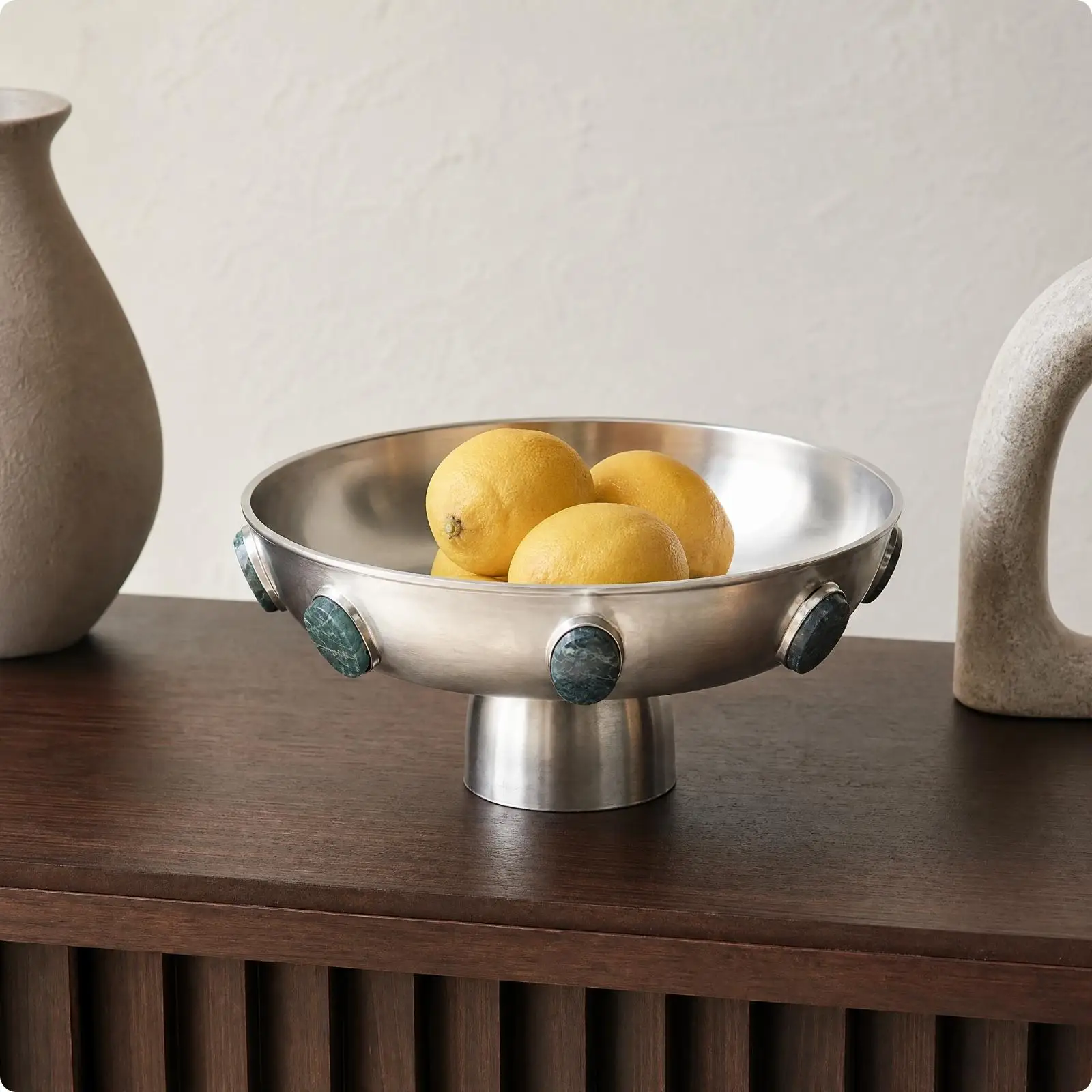 Sculptural Marble Inlay Metal Tray Bowl Pedestal Fruit Holder for Entryway Coffee Table Kitchen Decor