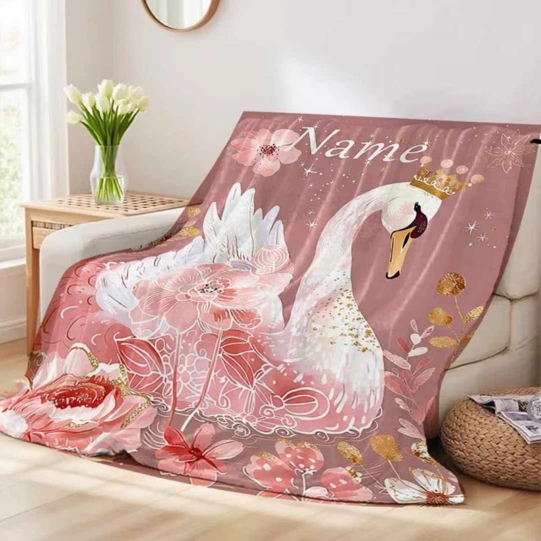 Custom Name Text Pink Swan Digital Print Flannel Blanket, Soft Warm Throw for Sofa Bed Travel Camping Office Home Decor