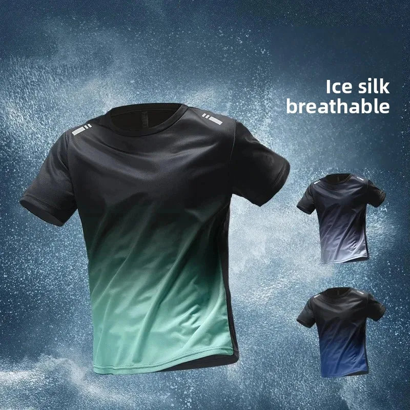 Camiseta de manga corta de seda de hielo de secado rápido para hombre, ropa deportiva de verano, Top informal holgado y transpirable para correr y Fitness