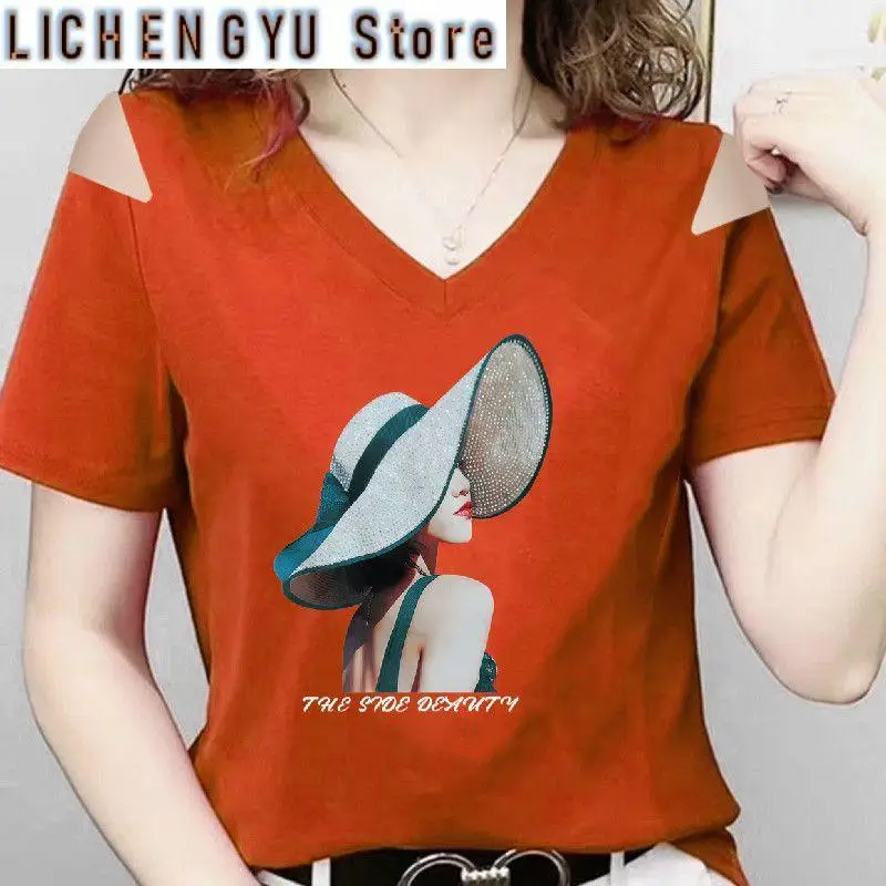 

Fashion V-Neck Short Sleeve Printed Off Shoulder Blouses Women's Clothing Summer New Loose Casual Tops Commuter Shirts