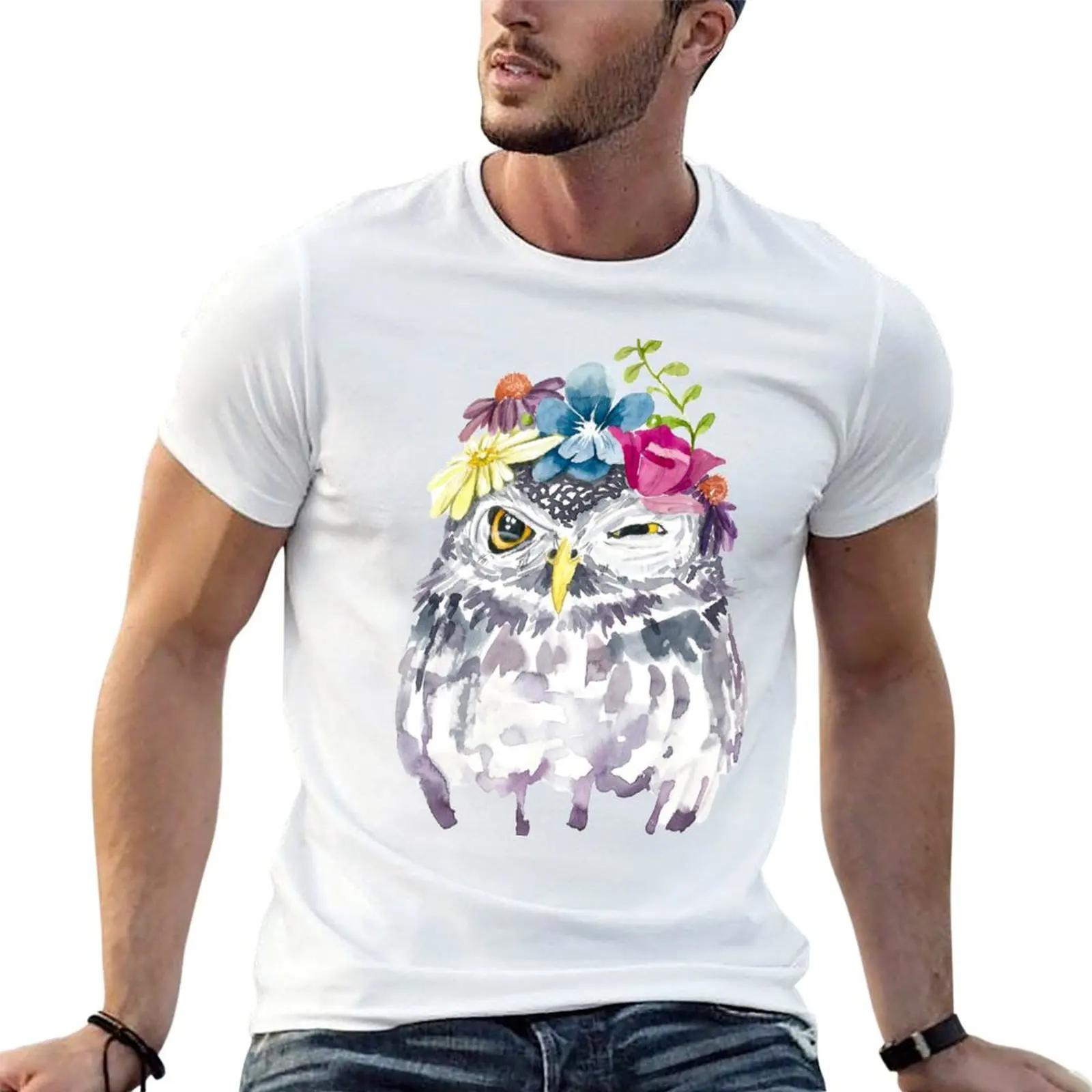 

man t T-Shirt anime shirts tshirt Floral Owl for graphic Watercolor