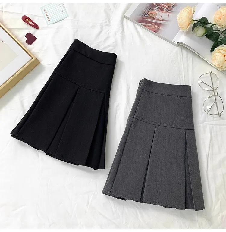 Summer solid color high waist gray pleated half body A-line skirt for women