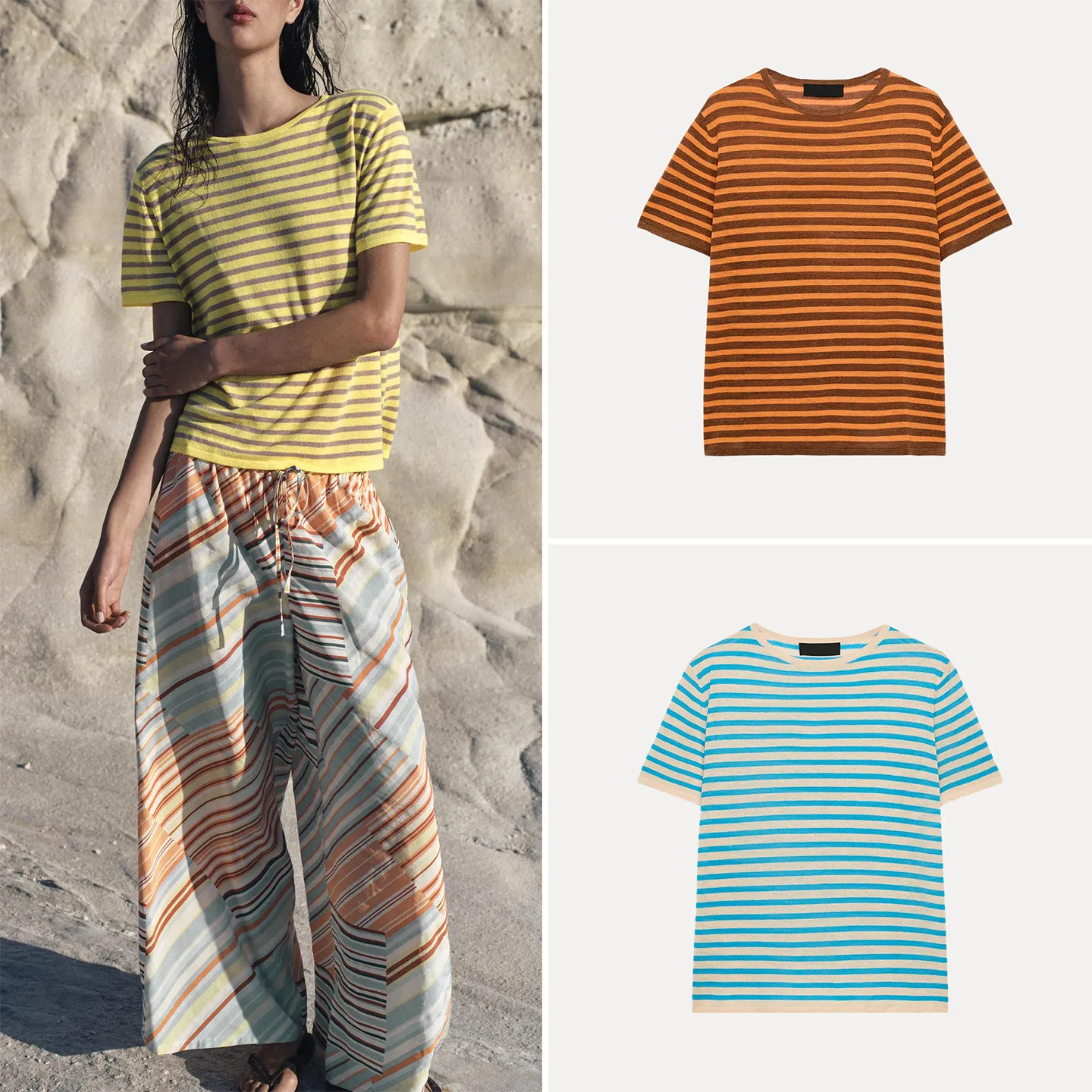 Women's Casual Stripe Knitted Short Sleeve round Neck Top Summer Fashion 2026 Standard Fit T-Shirt ZADATA Other Style