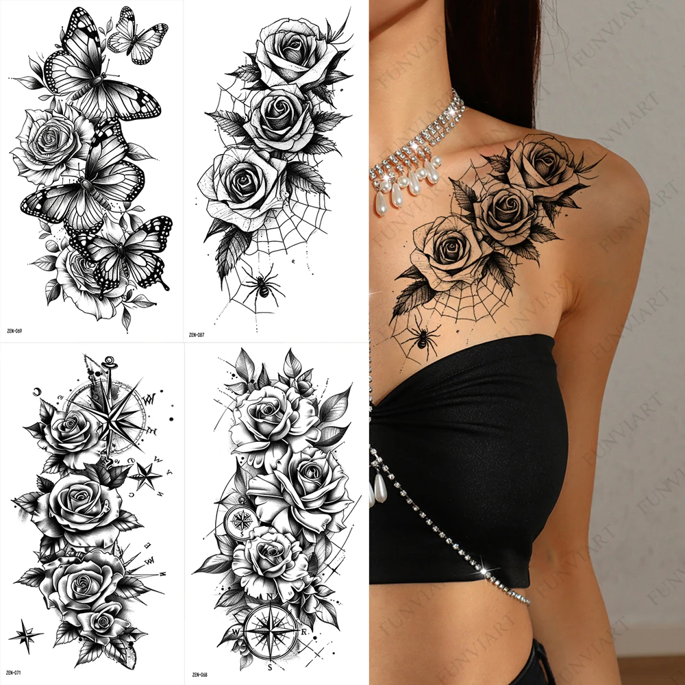 Schwarze Blume Schmetterling Fake Tattoo Wasserdicht Floral Spinne Temporäre Tattoos für Frauen Männer Sexy Hand Tattoo für Mädchen Körperkunst