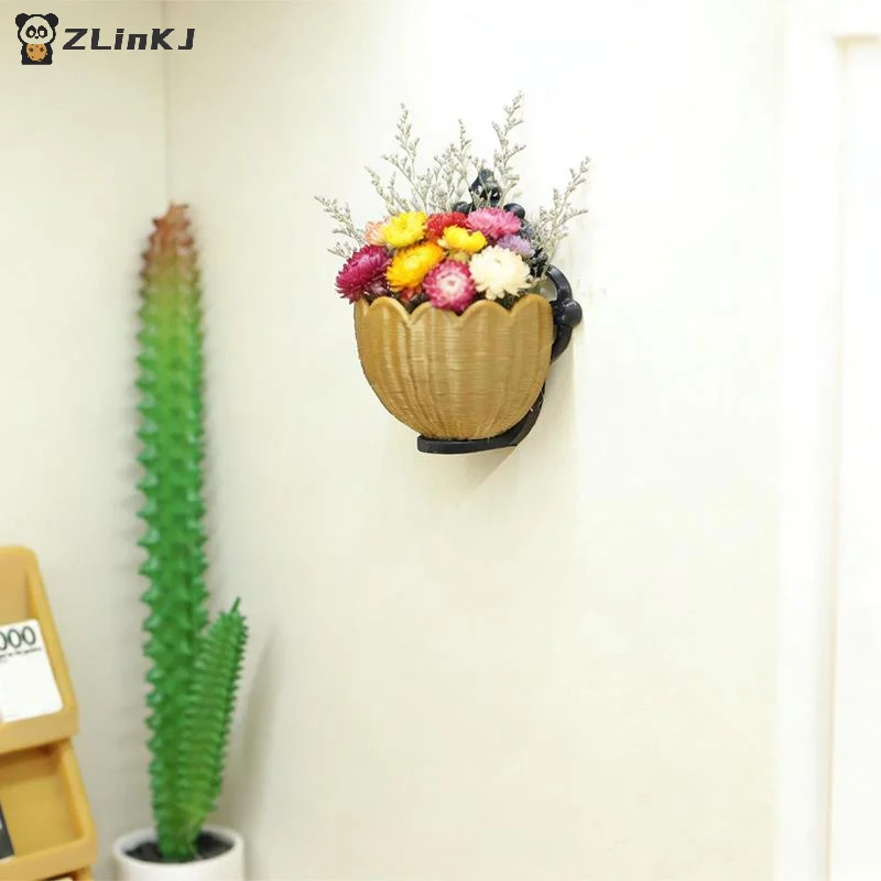1Pcs Dollhouse Vintage Decor Shelf And Flower Basket Wall-Mounted Storage Rack 1/12 Scale Miniature Wall Decor For Diorama Scene