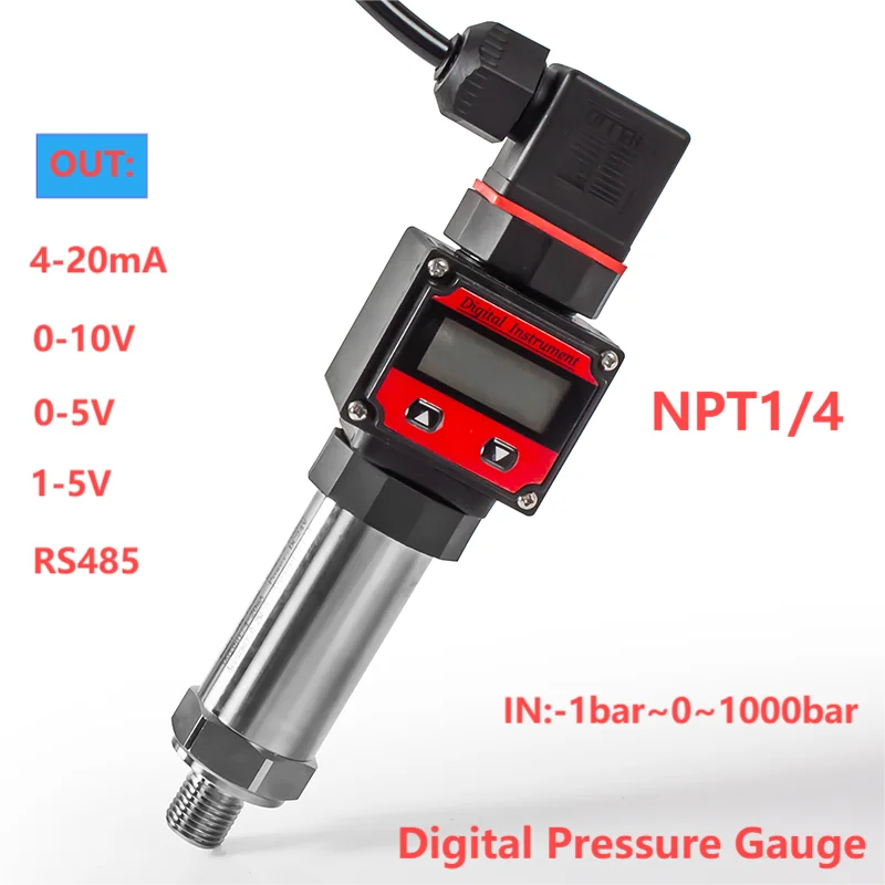 

NPT1/4 Pressure Transducer Transmitter 0-10bar 16bar 25bar 50bar Pressure Gauge Digital Display 4-20mA RS485 0-5V 0-10V