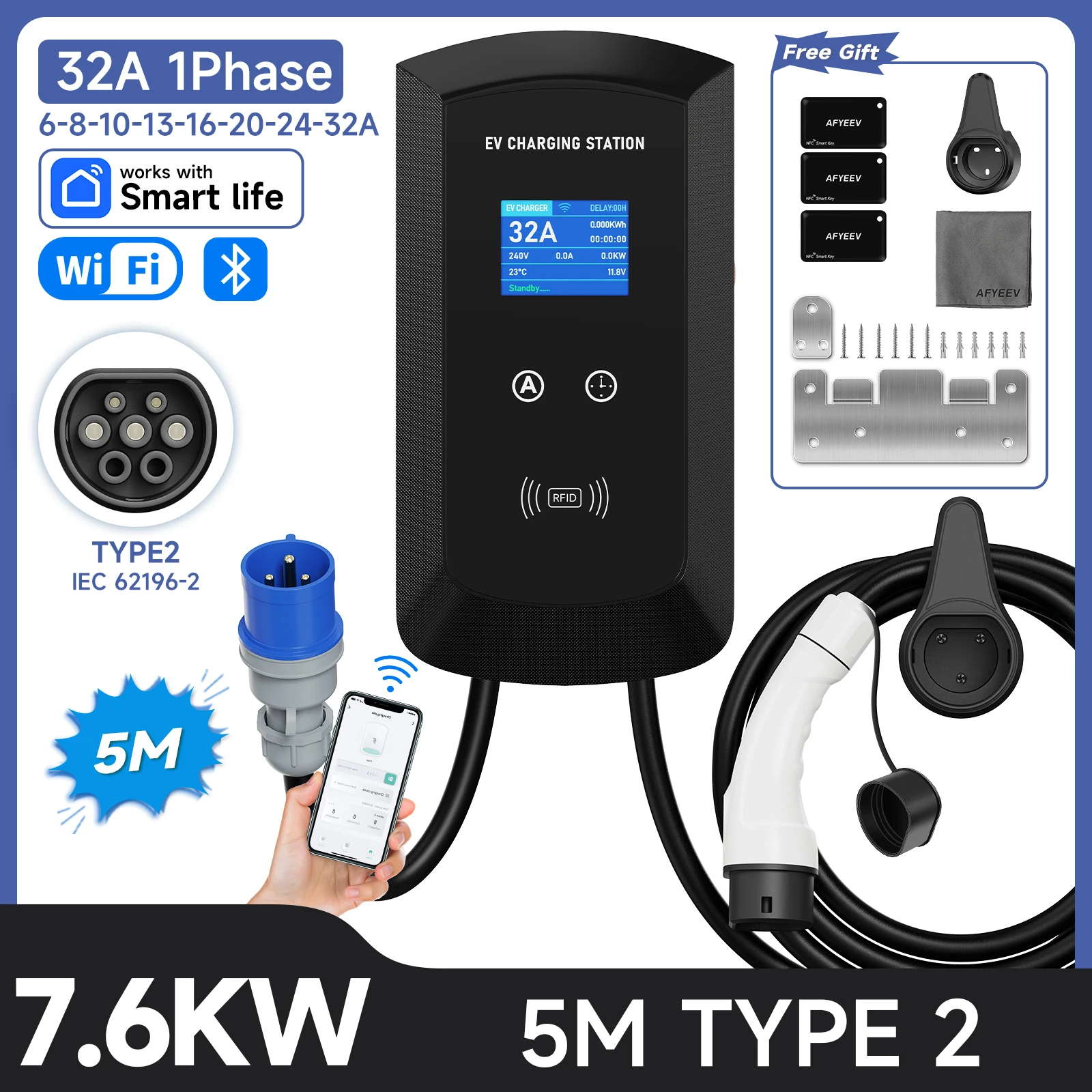 JNTAFEV 11KW 16A Type 2 EV-lader 32A 7.6KW/22KW Elektrische Autolader 1/3-fasig Oplaadstation Wallbox WiFi APP-besturing