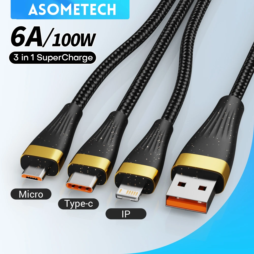 3 In 1 PD USB C Cable 6A 100W QC3.0 Fast Charging Micro USB Type C Cable for IPhone 14 13 12 Samsung Xiaomi Phone Charger Cable
