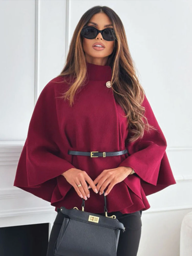 Woolen Cloak Cape Coat Women Elegant Stand Collar Oversize Batwing Sleeve Lady Jacket 2024 Autumn Winter Fashion Woman Ponchos