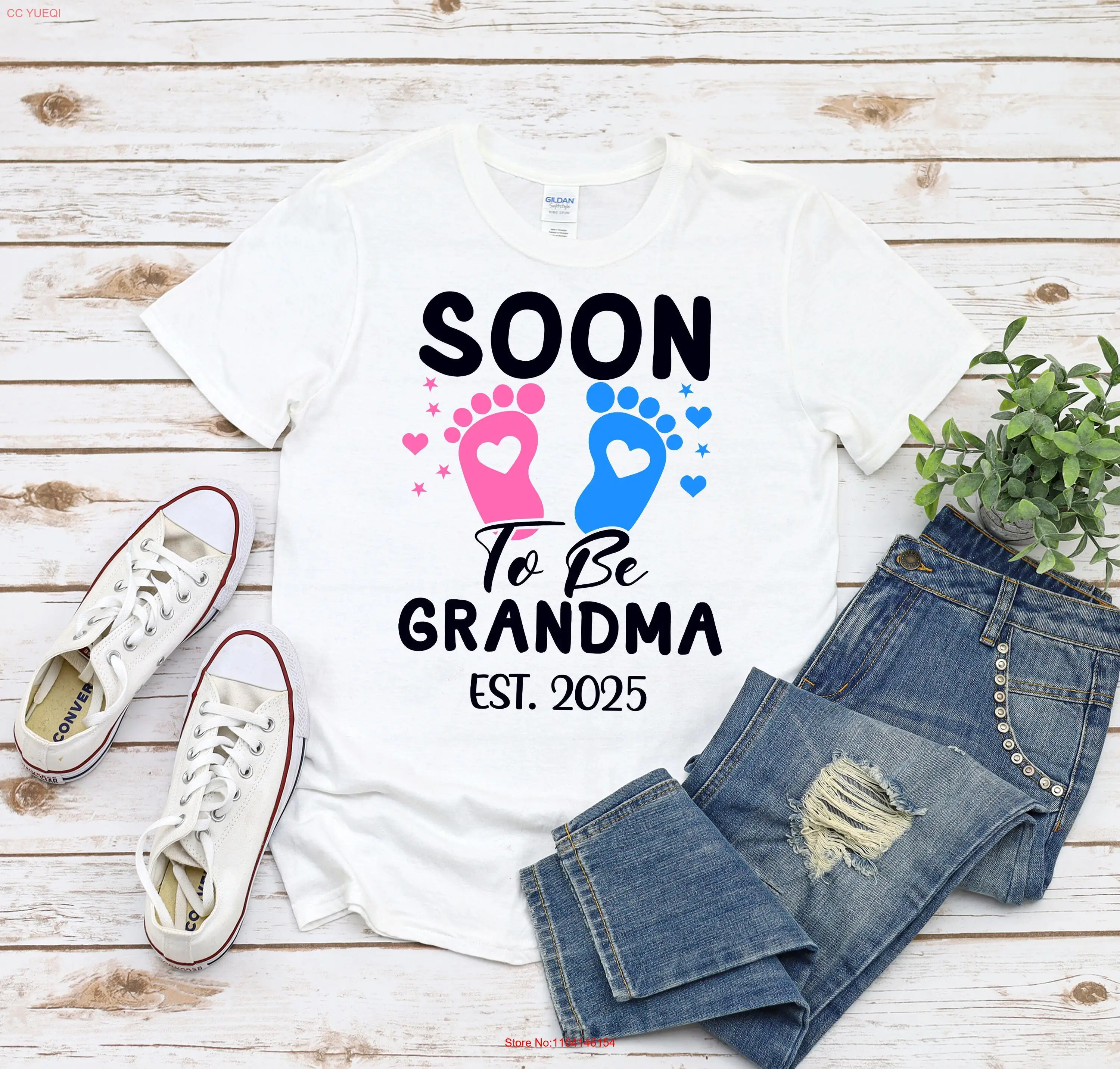 

Grandma T Shirt Soon To Be Est 2025 for New Grandmother Pregnancy Announcement Baby Feet long or short sleeves