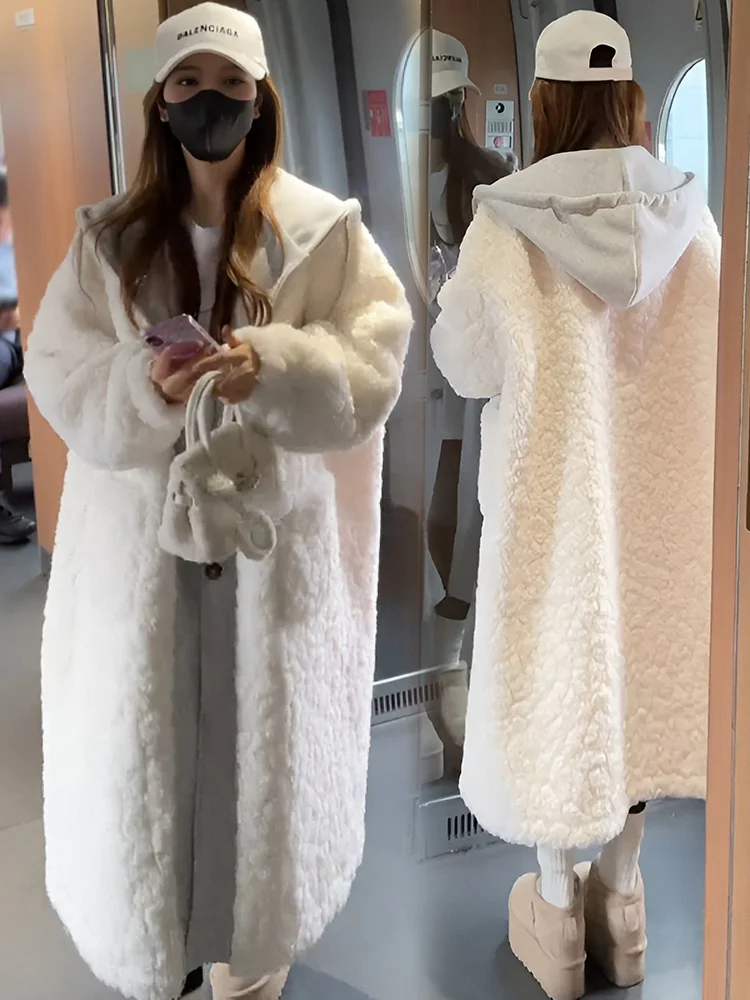 Warmth Women's Loose Fit Hooded Coat Fur Outerwear Autumn Winter Thickened Large Coat Commute Style  Body Type Fit