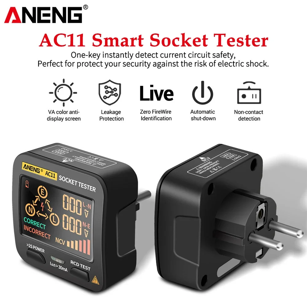 

ANENG AC11 Digital Smart Socket Tester Voltage Test Socket Detector US/UK/EU/AU Plug Ground Zero Line Phase Check Rcd NCV test